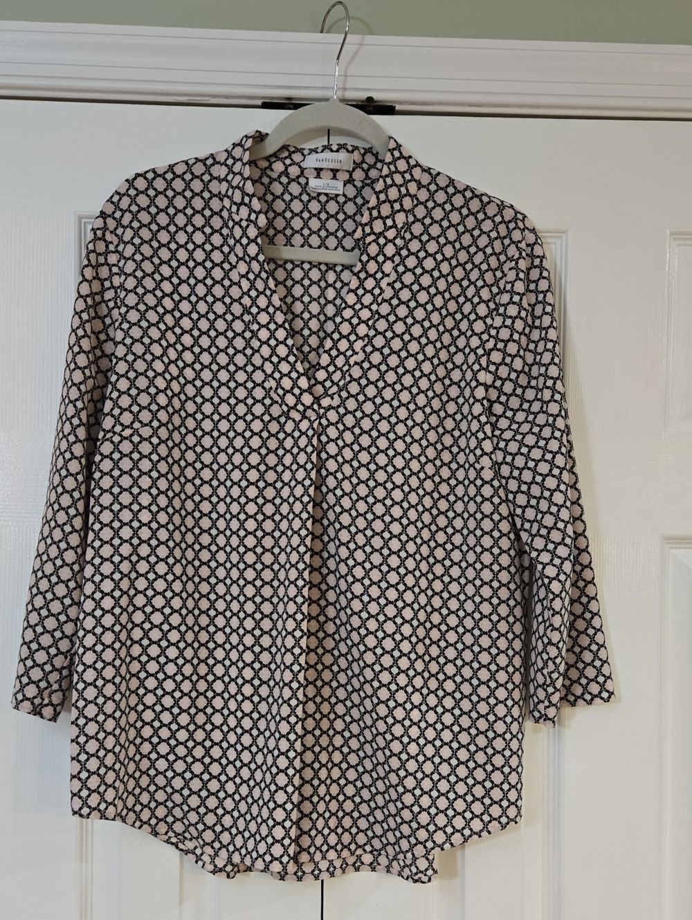Van Heusen Pink, White, and Black Geometric Button-Front Blouse